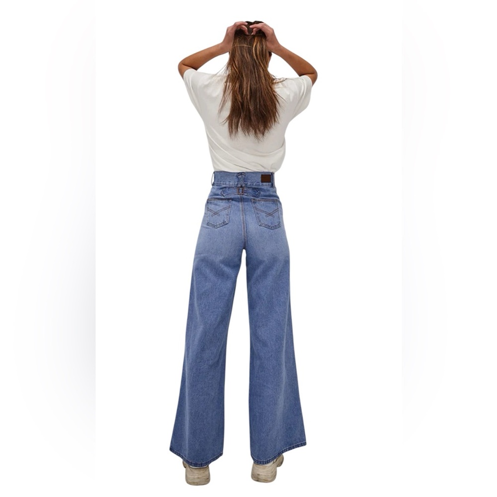 Ghanda Women’s Wide Leg Flare Leg Bell Bottom Charlie Jeans in Boston Blue Boho - Picture 2 of 14